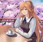  1girl 3_small_spiders apron blush breasts brown_apron brown_hair brown_ribbon cherry_blossoms coffee collared_shirt commentary_request cup eyebrows_visible_through_hair falling_petals girls_frontline green_eyes hair_between_eyes hair_ribbon hand_on_own_face highres large_breasts long_hair m1903_springfield_(girls_frontline) outdoors petals ribbon shirt sidelocks sitting smile table tree white_shirt 