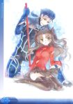  1boy 1girl absurdres amazio_komeko artist_name bangs black_bow black_footwear black_hair black_skirt blue_bodysuit blue_gloves blue_hair bodysuit boots bow cu_chulainn_(fate)_(all) cu_chulainn_(fate/stay_night) fate/extra fate_(series) full_body gae_bolg_(fate) gloves green_eyes hair_bow hair_strand highres holding holding_clothes holding_skirt kneeling long_hair looking_at_another official_alternate_costume official_art open_mouth parted_bangs ponytail red_eyes red_shirt scan shirt sitting skirt smile thigh-highs thigh_boots thigh_strap tohsaka_rin torn_bodysuit torn_clothes torn_shirt torn_skirt two_side_up wariza white_background zettai_ryouiki 