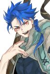  1boy asymmetrical_bangs asymmetrical_clothes bangs blue_hair braid braided_ponytail child cu_chulainn_(fate)_(all) don_(sjag3855) earrings fangs fate/grand_order fate/grand_order_arcade fate_(series) grin high_collar highres hood hood_down jewelry long_hair looking_at_viewer male_focus open_mouth ponytail red_eyes setanta_(fate) simple_background skin_tight smile solo spiky_hair staff white_background 