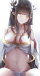  1girl bangs bare_shoulders black_hair breasts facing_viewer fundoshi hair_ornament highres japanese_clothes long_hair looking_at_viewer midriff minoto moda_(mo_da_3) monster_hunter_(series) monster_hunter_rise open_clothes open_shirt pointy_ears white_background yellow_eyes 