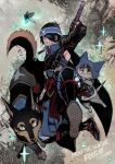  1boy animal armor bangs black_hair canyne cat dog eyebrows_visible_through_hair felyne gloves hair_between_eyes hair_ornament headband holding japanese_clothes kamura_(armor) looking_at_viewer monster_hunter_(series) monster_hunter_rise shiroton_(kazamineko) short_hair simple_background smile weapon 