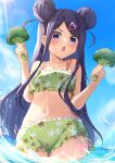  1girl bikini blue_sky breasts broccoli clouds commentary_request day double_bun eyebrows_visible_through_hair food green_bikini hair_ornament hairclip heart heart_hair_ornament highres holding holding_food long_hair looking_at_viewer navel ocean ochikobore_fruit_tart open_mouth partially_submerged purple_hair sekino_roko sky small_breasts solo sunlight suzushi_moruto swimsuit violet_eyes 