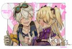 1boy 1girl bandaid bandaid_on_face bare_shoulders bennett_(genshin_impact) blonde_hair blush bow closed_eyes commission embarrassed english_text fischl_(genshin_impact) fishnets genshin_impact gloves goggles goggles_on_head hair_ribbon hand_on_another&#039;s_shoulder happy hetero open_mouth purple_bow ribbon shirt sleeveless sleeveless_shirt smile speech_bubble sweat sweatdrop thumbs_up twintails white_hair yeyou-submarine