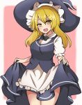  1girl apron black_neckwear black_skirt black_vest blonde_hair commentary_request frilled_apron frilled_hat frills hat kirisame_marisa pink_background puffy_short_sleeves puffy_sleeves shirt short_sleeves skirt skirt_set suwaneko touhou vest waist_apron white_shirt witch_hat yellow_eyes 