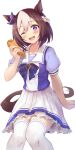  1girl absurdres animal_ears blush brown_hair carrot collarbone ear_bow eyebrows_visible_through_hair feet_out_of_frame food highres holding holding_food horse_ears horse_girl horse_tail multicolored_hair one_eye_closed open_mouth pleated_skirt puffy_short_sleeves puffy_sleeves school_uniform short_hair short_sleeves shuucream_(syuichi) simple_background skirt smile solo special_week_(umamusume) streaked_hair tail thigh-highs tracen_school_uniform umamusume upper_teeth vegetable violet_eyes white_background white_hair white_legwear white_skirt 