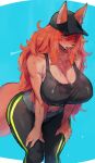  1girl animal_ears bare_arms black_headwear black_pants black_tank_top blush breasts curvy ears_through_headwear exhausted fur furry green_eyes highres large_breasts long_hair messy_hair original pants snout solo standing suurin_(ksyaro) sweat tail tank_top tongue tongue_out twitter_username 