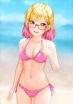  1girl absurdres beach bikini blonde_hair blush breasts collarbone commentary egawo english_commentary glasses highres looking_at_viewer medium_breasts multicolored_hair navel open_mouth original pink_bikini pink_hair red-framed_eyewear short_hair side-tie_bikini smile solo swimsuit two-tone_hair upper_teeth 