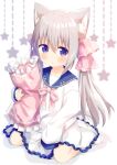  1girl :o animal_ear_fluff animal_ears bangs blue_sailor_collar blush bow cat_ears commentary_request dress eyebrows_visible_through_hair frilled_dress frilled_pillow frills grey_hair hair_between_eyes hair_bow highres long_hair long_sleeves looking_at_viewer low_twintails nakkar no_shoes original parted_lips pillow pillow_hug pink_bow sailor_collar sailor_dress sitting sleeves_past_fingers sleeves_past_wrists socks solo star_(symbol) twintails twitter_username very_long_hair violet_eyes wariza white_dress white_legwear 