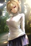  1girl arcueid_brunestud bangs blonde_hair blush breasts hair_intakes highres large_breasts long_sleeves looking_at_viewer red_eyes sakazakinchan short_hair smile sweater tsukihime 