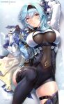  1girl arm_guards bangs black_gloves black_hairband black_legwear black_leotard blue_cape blue_hair blue_neckwear blush breasts cape covered_navel eula_(genshin_impact) genshin_impact gloves hair_ornament hairband large_breasts leotard looking_at_viewer medium_hair rei_kun thigh-highs thighs underbust violet_eyes vision_(genshin_impact) 