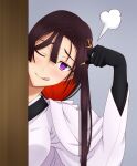  1girl bangs black_hair blush breasts claws fate/grand_order fate_(series) hair_ornament hasebe_akira japanese_clothes kimono licking_lips long_hair long_sleeves looking_at_viewer medium_breasts miss_crane_(fate) multicolored_hair one_eye_closed redhead sidelocks smile tongue tongue_out two-tone_hair violet_eyes white_kimono wide_sleeves 