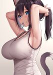  1girl akusema animal_ear_fluff animal_ears armpits bangs black_hair blue_eyes breasts cat_ears cat_tail commentary_request gradient gradient_background hair_between_eyes hair_ornament highres large_breasts looking_at_viewer looking_to_the_side mouth_hold original shirt short_hair sideboob sidelocks simple_background sleeveless sleeveless_shirt solo standing tail tank_top tying_hair upper_body white_tank_top 