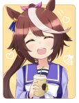  1girl :d ^_^ animal_ears bangs blue_ribbon blush border bow brown_background brown_hair closed_eyes coffee_cup collarbone commentary_request cup disposable_cup drinking_straw ear_ribbon eyebrows_visible_through_hair facing_viewer hair_bow happy heart holding holding_cup horse_ears ixia_(ixia424) long_hair long_sleeves motion_lines multicolored_hair open_mouth pink_bow ponytail purple_sailor_collar purple_shirt ribbon sailor_collar school_uniform serafuku shirt smile solo streaked_hair tokai_teio_(umamusume) tracen_school_uniform two-tone_hair umamusume upper_body upper_teeth very_long_hair white_border white_bow white_hair 