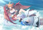  2girls above_clouds ahoge amane_kanata arms_behind_head black_legwear blonde_hair blue_bow blue_sky bow bowtie breasts brooch cleavage_cutout clothing_cutout commentary_request crossed_legs day dragon_girl dragon_tail dragon_wings eyebrows_visible_through_hair flying halo highres hololive horn_bow horns huge_ahoge jewelry kiryu_coco large_breasts long_hair mikan_(chipstar182) multicolored_hair multiple_girls one_eye_closed orange_hair outstretched_arms pointy_ears red_eyes short_hair silver_hair single_thighhigh sky streaked_hair tail thigh-highs virtual_youtuber white_wings wings 