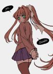  1girl absurdres arms_behind_back black_legwear blue_skirt brown_hair doki_doki_literature_club green_eyes highres looking_at_viewer monika_(doki_doki_literature_club) ponytail ribbon skirt smile speech_bubble thigh-highs tn_scallion white_ribbon yandere 