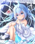  1girl alternate_costume alternate_hairstyle bare_shoulders blue_eyes blue_hair blue_ribbon blush closed_mouth gochuumon_wa_usagi_desu_ka? hair_ribbon highres kafuu_chino knees kyuri_senbei long_hair ribbon solo 