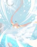  budouwain closed_eyes clouds commentary_request day flying gen_3_pokemon highres jirachi mythical_pokemon no_humans outdoors pokemon pokemon_(creature) sky solo stone water 