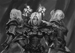  3girls adepta_sororitas armor boobplate breasts cross facial_mark fleur_de_lis folded_ponytail greyscale hand_on_hip highres holding holding_sword holding_weapon imperium_of_man licking_lips looking_at_viewer medium_breasts medium_hair monochrome multiple_girls naughty_face pauldrons power_armor short_hair shoulder_armor sister_of_battle standing sword tongue tongue_out warhammer_40k weapon white_hair yangzheyy 