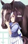  1girl animal_connection animal_ears bow brown_hair cowboy_shot creature_and_personification horse horse_ears horse_girl horse_tail multicolored_hair pleated_skirt purple_bow purple_ribbon real_life ribbon school_uniform serafuku short_hair short_sleeves skirt smile special_week_(horse) special_week_(umamusume) tail tonpuu tracen_school_uniform two-tone_hair umamusume violet_eyes white_hair white_skirt 