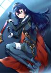  ameno_(a_meno0) blue_eyes blue_hair boots cape elbow_gloves falchion_(fire_emblem) fingerless_gloves fire_emblem fire_emblem_awakening gloves hair_between_eyes highres light long_hair looking_at_viewer lucina_(fire_emblem) on_floor on_ground sword symbol-shaped_pupils tiara weapon 