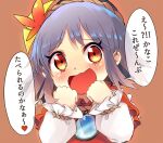  1girl blue_hair blush commentary hair_ornament hands_up highres leaf_hair_ornament looking_at_viewer mirror open_mouth red_eyes red_shirt shirt short_hair simple_background solo tatuhiro touhou translation_request upper_body white_shirt yasaka_kanako younger 