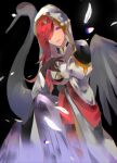  1girl artist_request bangs bird black_dress blush breasts claws crane_(animal) dress fate/grand_order fate_(series) feathers highres hood hood_up hooded_robe long_hair looking_at_viewer medium_breasts miss_crane_(fate) redhead sash smile two-tone_dress violet_eyes white_dress white_robe 
