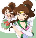  1girl bishoujo_senshi_sailor_moon black_eyes brown_hair choker circlet earrings elbow_gloves flower_earrings gift gloves hair_bobbles hair_ornament jewelry kino_makoto long_hair open_mouth ponytail sailor_collar sailor_jupiter school_uniform serafuku smile solo toutouhai white_gloves 