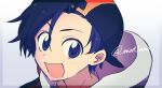  1boy backwards_hat blue_eyes blue_hair blush border ethan_(pokemon) gensi happy hat jacket looking_at_viewer male_focus open_mouth pokemon pokemon_(game) pokemon_hgss short_hair signature solo 