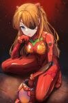  1girl absurdres bangs blue_eyes bodysuit breasts brown_hair commentary_request eyepatch full_body hair_over_one_eye hand_on_own_chin head_rest headwear_removed helmet helmet_removed highres huge_filesize kongsi long_hair looking_at_viewer medium_breasts neon_genesis_evangelion plugsuit rebuild_of_evangelion red_bodysuit shikinami_asuka_langley sitting solo souryuu_asuka_langley squatting wooden_floor 