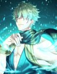  1boy abs aladdin_(sinoalice) aqua_eyes blonde_hair bracelet closed_mouth eyebrows_visible_through_hair glowing hinata_mizuiro japanese_clothes jewelry kimono looking_at_viewer male_focus open_clothes scarf short_hair sinoalice solo striped striped_scarf 