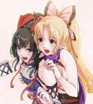  2girls ahlim_(ffbe) black_hair blonde_hair bow breast_grab breast_press breasts brown_eyes final_fantasy final_fantasy_brave_exvius forehead_protector fuwafuwatoufu grabbing hair_bow kitone_(ffbe) large_breasts long_hair multiple_girls ninja open_mouth ponytail small_breasts smile violet_eyes 