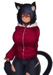  1girl animal_ear_fluff animal_ears arm_behind_back bike_shorts black_hair borrowed_character breasts burakku-ra cat_ears cat_girl cat_tail choker commission cropped_legs english_commentary hair_between_eyes highres hood hoodie huge_breasts medium_hair open_mouth original red_eyes red_hoodie simple_background sleeves_past_wrists solo tail taut_clothes torn_bike_shorts torn_clothes white_background 