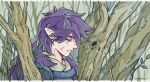  1boy fengxi_(the_legend_of_luoxiaohei) leaf long_hair male_focus otjmohu plant pointy_ears profile purple_hair shadow smile solo the_legend_of_luo_xiaohei tree upper_body 