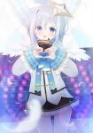  1girl :d amane_kanata bangs black_skirt blue_eyes blue_hair blurry blurry_foreground blush commentary_request detached_sleeves deyui eyebrows_visible_through_hair eyes_visible_through_hair feathered_wings feathers frilled_skirt frills grey_hair grey_jacket hair_over_one_eye headset heart heart_hands highres hololive jacket long_sleeves looking_at_viewer mini_wings multicolored_hair open_mouth plaid skirt sleeves_past_wrists smile solo two-tone_hair upper_teeth virtual_youtuber white_feathers white_wings wide_sleeves wings 