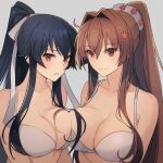  2girls bikini black_hair blush breasts brown_eyes brown_hair collarbone eyebrows_visible_through_hair flower grey_background hair_between_eyes hair_flower hair_ornament highres kantai_collection kasumi_(skchkko) large_breasts long_hair multiple_girls pink_flower ponytail simple_background smile swimsuit upper_body white_bikini yahagi_(kancolle) yamato_(kancolle) 