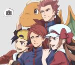  1girl 3boys ahoge annoyed arm_around_shoulder arm_on_shoulder backwards_hat black_eyes black_hair bow brown_hair cabbie_hat camera cape closed_mouth dragonite ethan_(pokemon) gen_1_pokemon grey_background happy hat hat_bow high_collar lance_(pokemon) lyra_(pokemon) monji_samonji open_mouth pokemon pokemon_(game) pokemon_hgss red_eyes silver_(pokemon) simple_background smile speech_bubble spiky_hair suspenders taking_picture 