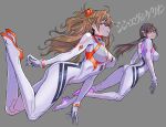  2girls absurdres aqua_eyes bodysuit breasts brown_hair covered_navel evangelion:_3.0+1.0_thrice_upon_a_time eyepatch floating floating_hair full_body grey_background hairband hairpods highres interface_headset large_breasts makinami_mari_illustrious multicolored multicolored_bodysuit multicolored_clothes multiple_girls neon_genesis_evangelion orange_hair plugsuit rebuild_of_evangelion red-framed_eyewear skin_tight souryuu_asuka_langley white_bodysuit yamashita_shun&#039;ya 