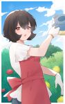  1girl apron bangs blush bob_cut border brown_hair bush clouds commentary_request courtney_(pokemon) day gloves hair_between_eyes hand_up highres holding holding_watering_can looking_at_viewer nagoooon_114 open_mouth outdoors outside_border pokemon pokemon_adventures red_apron red_eyes shirt short_hair short_sleeves sky smile solo watering_can white_border white_gloves white_shirt 