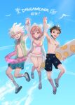  1girl 2boys :d :o ahoge akiko_141 alternate_costume animal animal_hood anniversary arm_up arms_up bangs bikini bird breasts brown_hair cat_hood closed_eyes dangan_ronpa_(series) dangan_ronpa_2:_goodbye_despair day eyewear_on_head frilled_bikini frills grey_hair hair_between_eyes happy highres hinata_hajime holding holding_hands hood hood_up innertube jacket jewelry komaeda_nagito male_swimwear medium_hair mole mole_on_breast multiple_boys nanami_chiaki navel necklace official_alternate_costume open_mouth outdoors sandals shiny shiny_hair short_hair shorts sleeveless smile stomach sunglasses swim_trunks swimsuit swimwear upper_teeth white_bikini white_jacket 