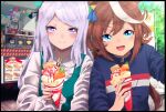  3girls animal_ears apron blue_eyes brown_hair carrot collared_shirt crepe food food_truck hair_ornament highlights highres horse_ears horse_girl ice_cream looking_at_viewer mejiro_mcqueen_(umamusume) multicolored_hair multiple_girls open_mouth pocky purple_hair shirt syrup tokai_teio_(umamusume) tree umamusume v violet_eyes 