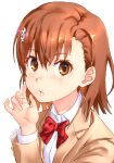  1girl bow bowtie brown_eyes brown_hair brown_jacket dress_shirt flower hair_flower hair_ornament hairclip jacket long_sleeves looking_at_viewer misaka_mikoto parted_lips raika9 red_neckwear school_uniform shirt short_hair simple_background solo toaru_kagaku_no_railgun toaru_majutsu_no_index tokiwadai_school_uniform twitter_username white_background white_shirt 