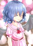  1girl ascot bat_wings blue_hair blurry blurry_background blush brooch closed_mouth collarbone danmaku dress eyebrows_visible_through_hair eyelashes flat_chest gennkimaru11 hair_between_eyes half-closed_eye highres jewelry looking_at_viewer no_hat no_headwear one_eye_closed pink_dress red_eyes red_neckwear remilia_scarlet short_hair solo touhou upper_body wavy_hair wings 
