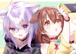  2girls ahoge animal_collar animal_ear_fluff animal_ears bangs black_collar black_hoodie blue_bow bone_hair_ornament bow breasts brown_eyes brown_hair cartoon_bone cat_ears cat_girl choker collar collarbone dog_ears dog_girl drawstring fang game_console hair_between_eyes hair_ornament hairclip handheld_game_console highres holding holding_handheld_game_console hololive hood hoodie inugami_korone leaning_back leaning_on_person long_hair looking_at_another looking_to_the_side looking_up misumi_(macaroni) multiple_girls nekomata_okayu nintendo_switch off_shoulder open_mouth playing_games purple_hair red_bow shiny shiny_hair skin_fang upper_body v-shaped_eyebrows violet_eyes virtual_youtuber wristband 