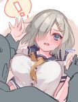  ! 1boy 1girl admiral_(kancolle) arm_grab blue_eyes blush breasts hair_ornament hair_over_one_eye hairclip hamakaze_(kancolle) hands_together highres kantai_collection large_breasts glasses_poni neckerchief school_uniform serafuku short_hair silver_hair sweat sweatdrop upper_body yellow_neckwear 
