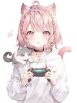  1girl ahoge animal_ear_fluff animal_ears animal_on_shoulder bangs black_choker blush braid cat cat_ears cat_girl cat_on_shoulder cat_tail choker commentary_request controller drawstring eyebrows_visible_through_hair game_controller hair_ornament highres holding holding_controller holding_game_controller hood hoodie long_sleeves looking_at_viewer momoko_(momopoco) original pink_eyes pink_hair puffy_long_sleeves puffy_sleeves short_hair smile solo tail tail_raised upper_body white_background white_hoodie x_hair_ornament 