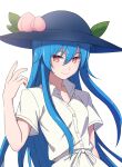  1girl bangs black_headwear blue_hair breasts closed_mouth commentary_request eyebrows_visible_through_hair food fruit hair_between_eyes hand_up hat highres hinanawi_tenshi leaf light_blush long_hair peach red_eyes shirt short_sleeves sidelocks simple_background small_breasts smile solo touhou upper_body very_long_hair white_background white_shirt yoshinatsu 