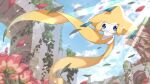  blue_eyes blurry budouwain closed_mouth clouds commentary_request day flower from_below gen_3_pokemon jirachi light_rays mythical_pokemon no_humans outdoors petals plant pokemon pokemon_(creature) ruins sky smile vines 