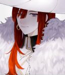  1girl bangs breasts dress earrings fate/grand_order fate_(series) feather_boa hat jewelry long_hair looking_at_viewer medium_breasts miss_crane_(fate) redhead sumi_(gfgf_045) violet_eyes white_dress white_headwear witch_hat 