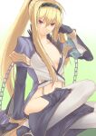  1girl bangs black_pants blonde_hair breasts chain closed_mouth coat commentary_request full_body grey_coat hair_between_eyes long_hair looking_to_the_side navel nueco pants ponytail ragnarok_online sidelocks simple_background small_breasts solo violet_eyes warlock_(ragnarok_online) 