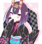  1girl bangs black_kimono bob_cut breasts choker eyeliner fate/grand_order fate_(series) floral_print headpiece highres horn_ornament horn_ring horns japanese_clothes kimono long_sleeves looking_at_viewer lostroom_outfit_(fate) makeup na09tu obi oni oni_horns pointy_ears purple_hair sash short_hair shuten_douji_(fate) skin-covered_horns sleeves_past_fingers sleeves_past_wrists small_breasts smile violet_eyes wide_sleeves 